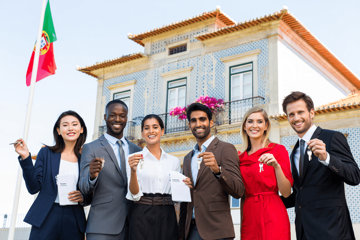 Diverse English-speaking expats from America, UK, Canada celebrating approved Portuguese mortgage application with documents and keys to their new Portuguese property